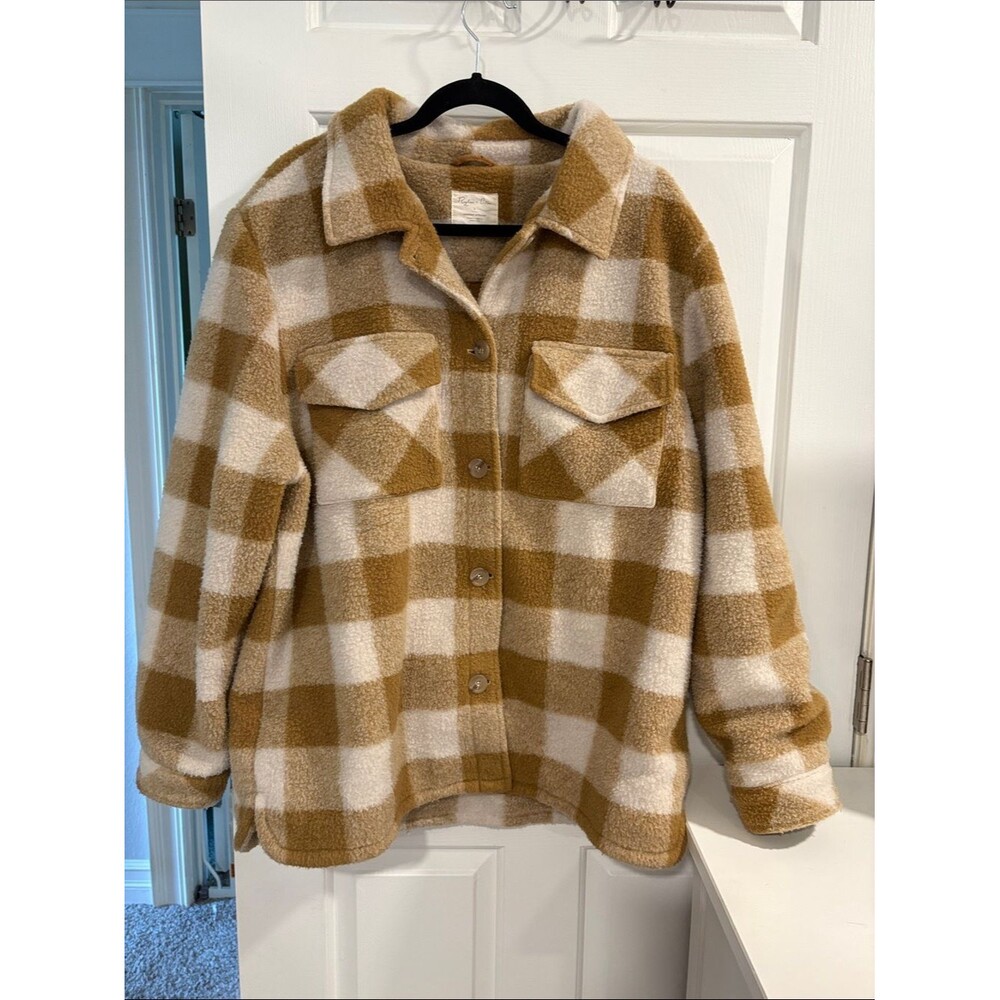 Rylee + Cru Tan and Cream Plaid Wool Sherpa Shacket Coat